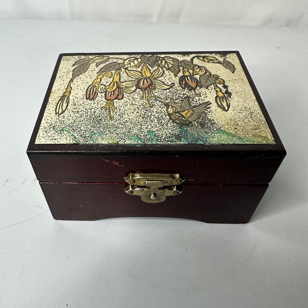 Vintage Chokin Art Hummingbird Jewelry Box 24K Gold Silver Copper Engraving Wood